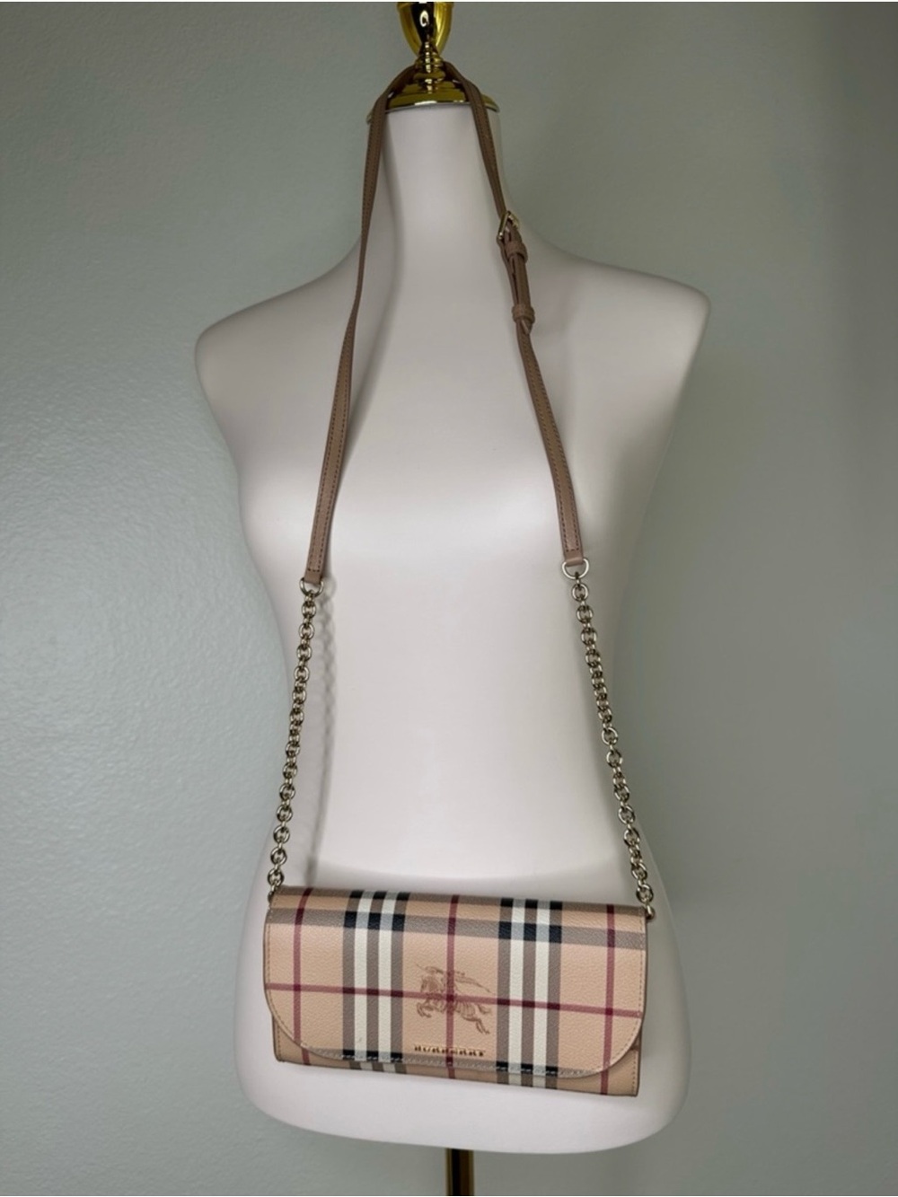 Burberry authentic Beige Check Crossbody Wallet with Chain Strap